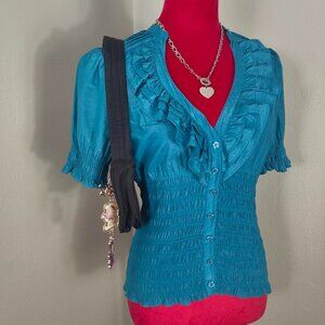 Y2K 2000s Teal Blue Ruffled V-Neck Fitted Puff Sleeve Buttoned Blouse Top Med
